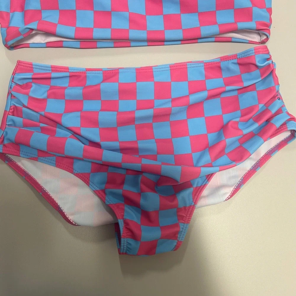 Pink Blue Checkered One Shoulder High Waisted Bikini Set Two Piece Swimsuit L